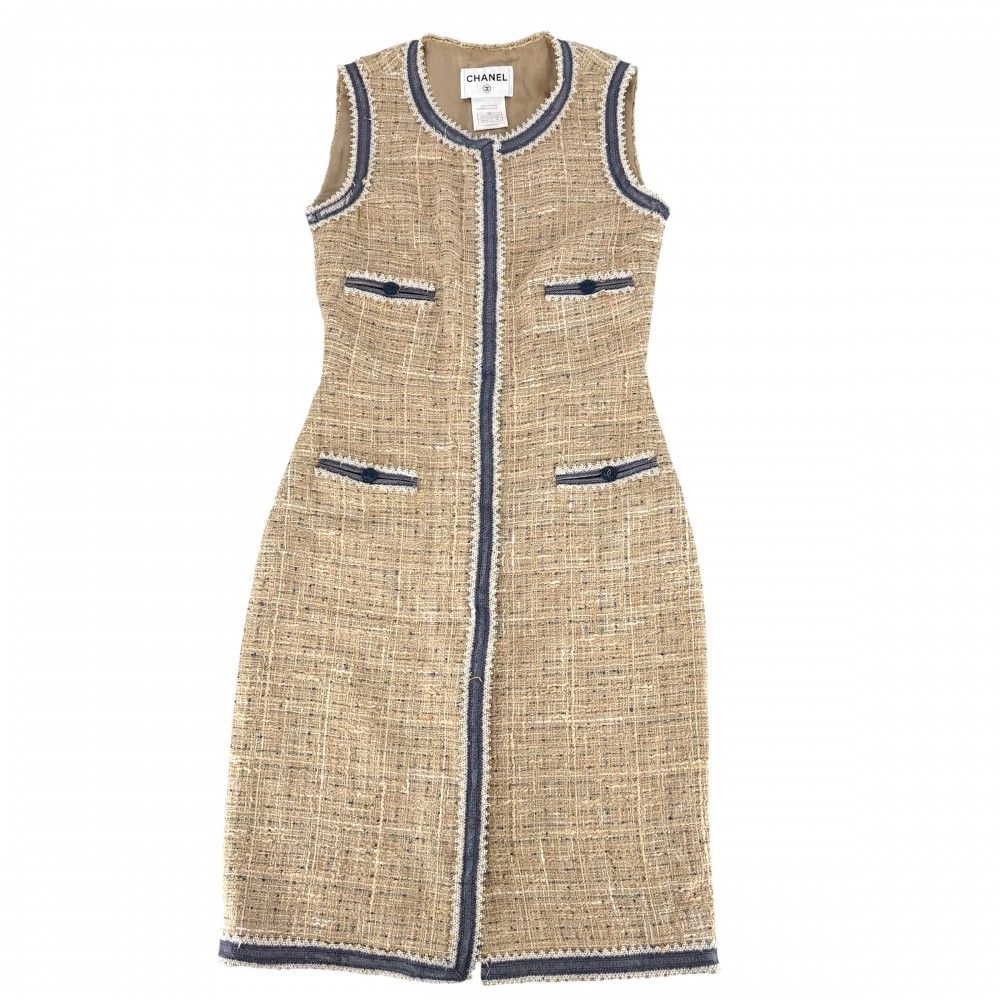 Chanel Dress Tweed Sleeveless CC Logo 36 Beige Navy Blue Spring Summer