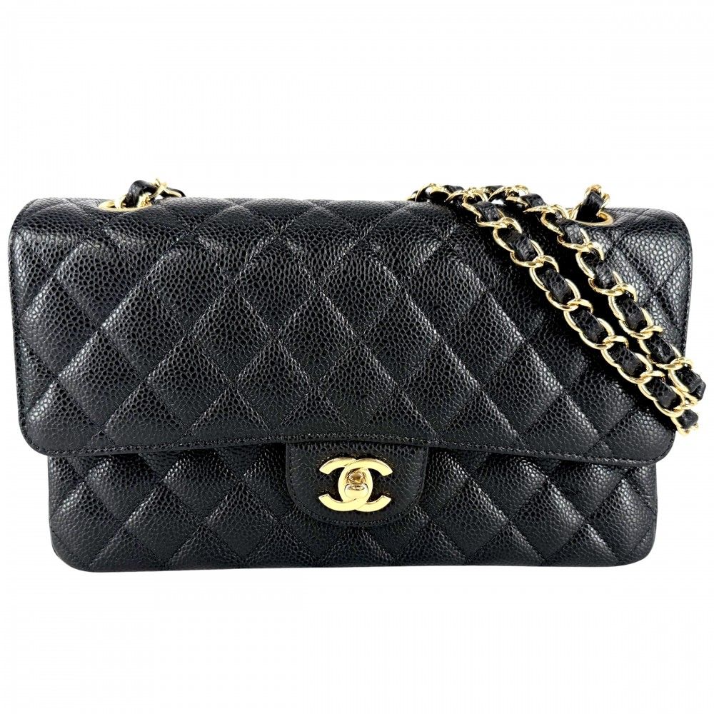 Chanel Shoulder Bag Quilted 25 Double Chain CC Logo Flap Crossbody Caviar