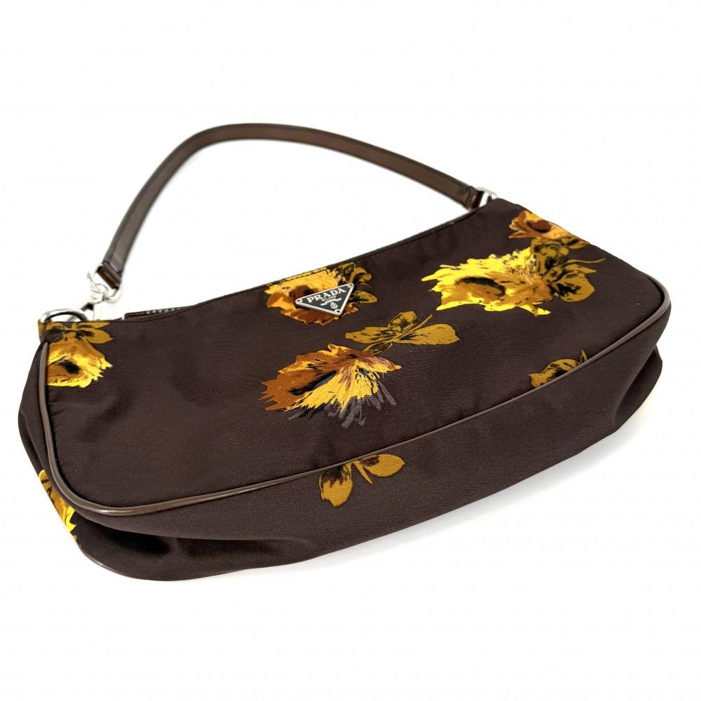 Prada Handbag Floral Flower One Shoulder Nylon Leather Brown Yellow Silver — view 3