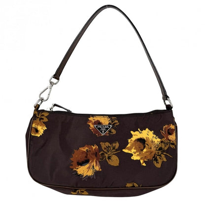 Prada Handbag Floral Flower One Shoulder Nylon Leather Brown Yellow Silver