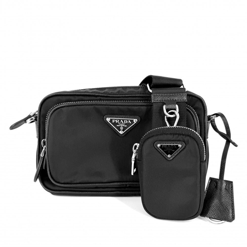 Prada Shoulder Bag Mini Triangle Logo Strap Crossbody 1 Nylon Black Silver