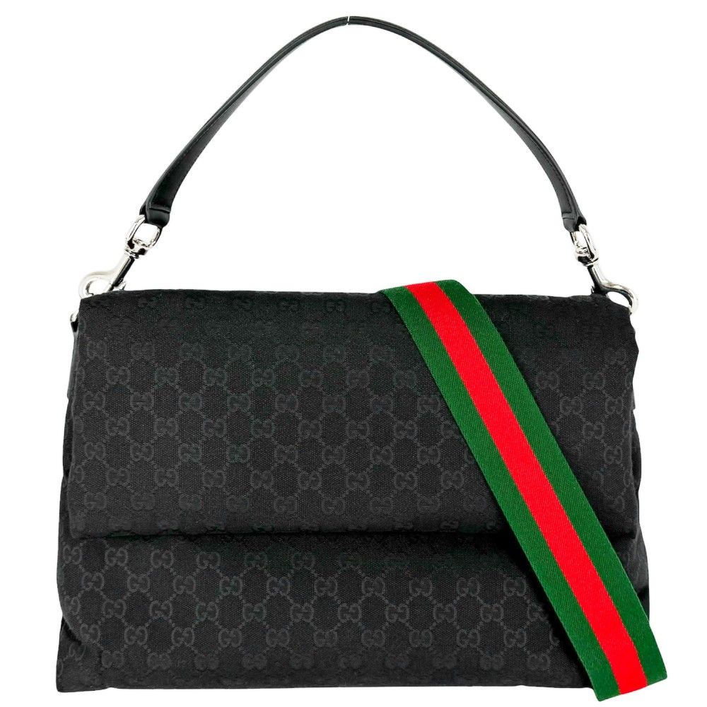 Gucci 2-Way Shoulder Bag Crossbody GG Canvas Leather Black Silver