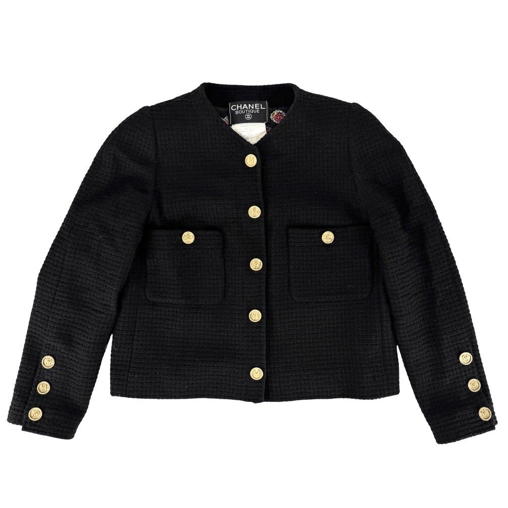 Chanel Set CC Logo Chain Collarless Jacket Skirt Vintage 38 Black Gold Wool — view 3