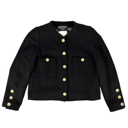 Chanel Set CC Logo Chain Collarless Jacket Skirt Vintage 38 Black Gold Wool — view 3