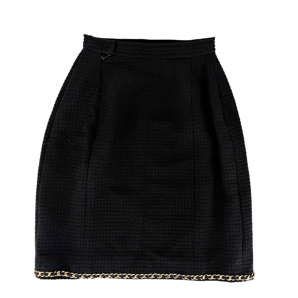 Chanel Set CC Logo Chain Collarless Jacket Skirt Vintage 38 Black Gold Wool — view 7
