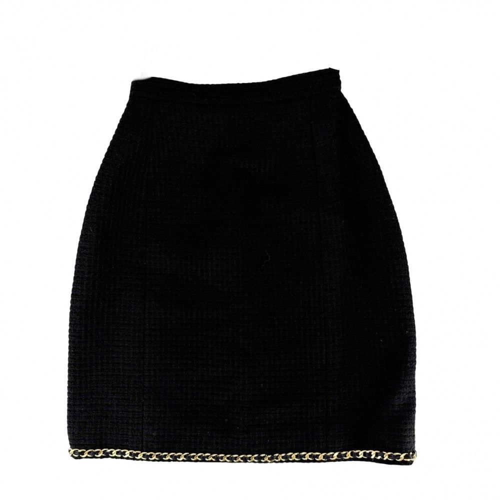 Chanel Set CC Logo Chain Collarless Jacket Skirt Vintage 38 Black Gold Wool — view 8
