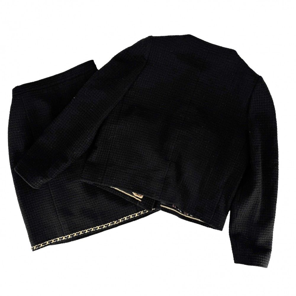 Chanel Set CC Logo Chain Collarless Jacket Skirt Vintage 38 Black Gold Wool — view 2