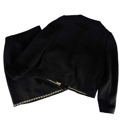 Chanel Set CC Logo Chain Collarless Jacket Skirt Vintage 38 Black Gold Wool — view 2