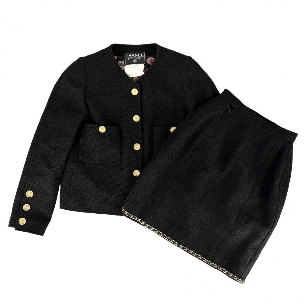 Chanel Set CC Logo Chain Collarless Jacket Skirt Vintage 38 Black Gold Wool