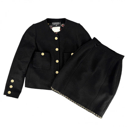 Chanel Set CC Logo Chain Collarless Jacket Skirt Vintage 38 Black Gold Wool