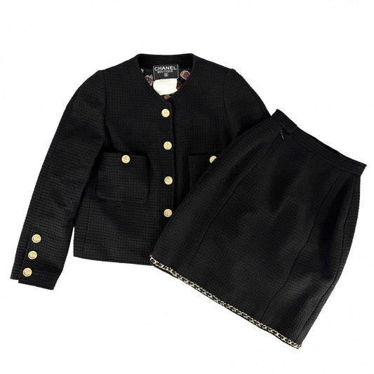 Chanel Set CC Logo Chain Collarless Jacket Skirt Vintage 38 Black Gold Wool