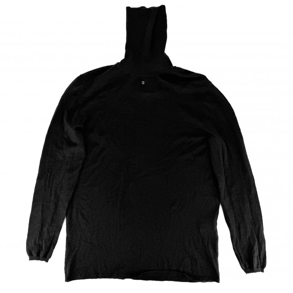 Chanel Knit CC Logo Turtleneck Top Lightweight Sweater 42 Black Cashmere Fall