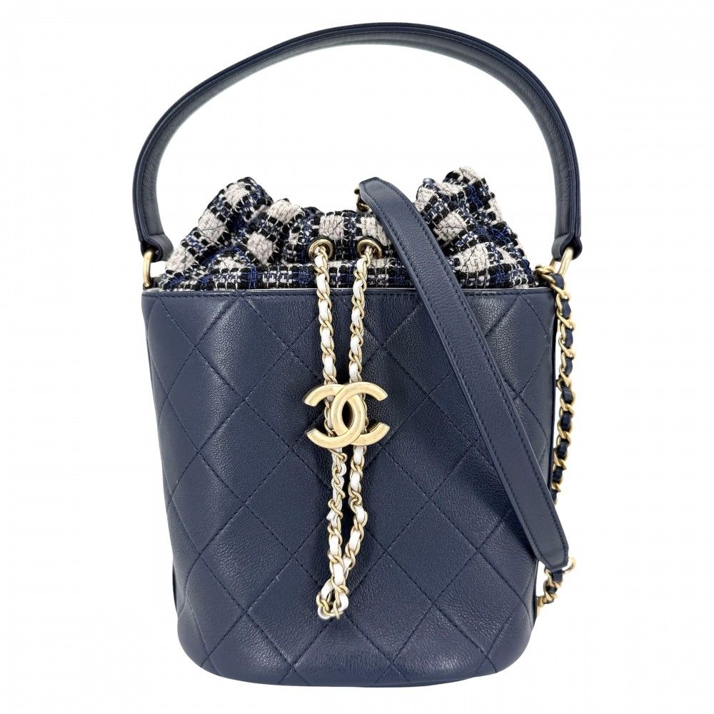 Chanel Shoulder Bag CC Logo Quilted Drawstring 2-Way Leather Navy Gold