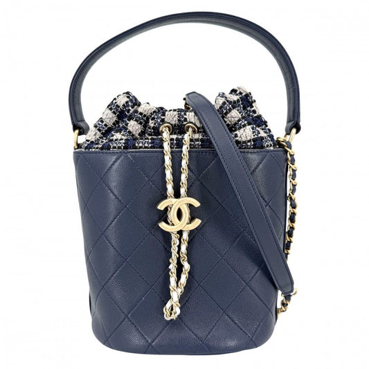 Chanel Shoulder Bag CC Logo Quilted Drawstring 2-Way Leather Navy Gold