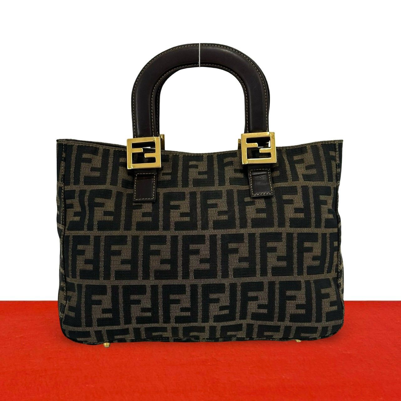 Fendi Zukka FF Logo Canvas Leather Handbag Mini Tote Brown
