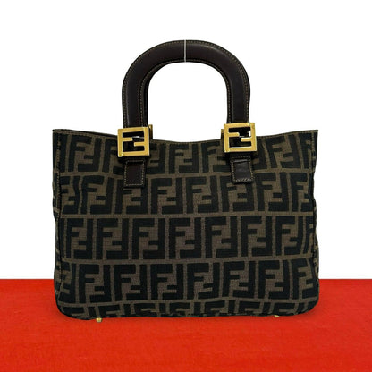 Fendi Zukka FF Logo Canvas Leather Handbag Mini Tote Brown
