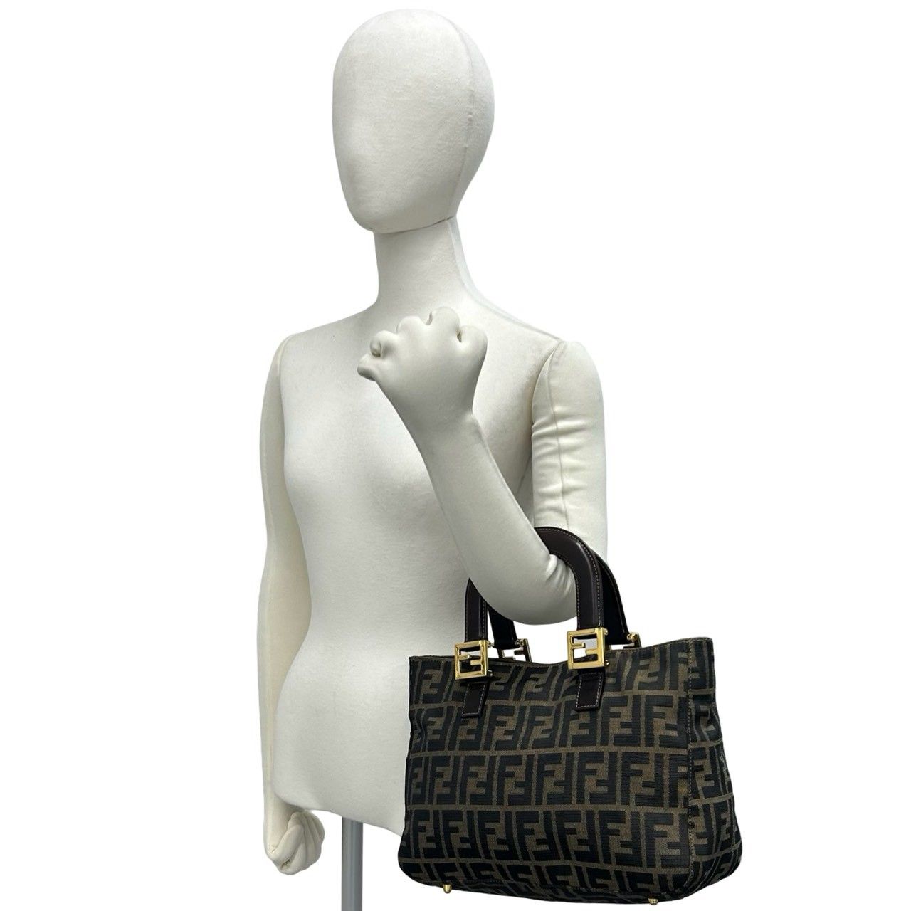 Fendi Zukka FF Logo Canvas Leather Handbag Mini Tote Brown — view 2