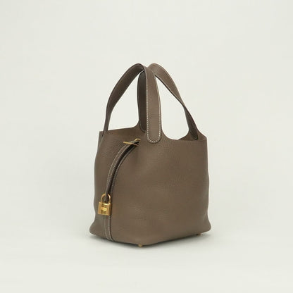 Hermes Picotin Lock PM 18 Tote Taurillon Clemence Etoupe Gray Gold — view 2