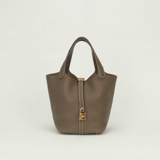 Hermes Picotin Lock PM 18 Tote Taurillon Clemence Etoupe Gray Gold