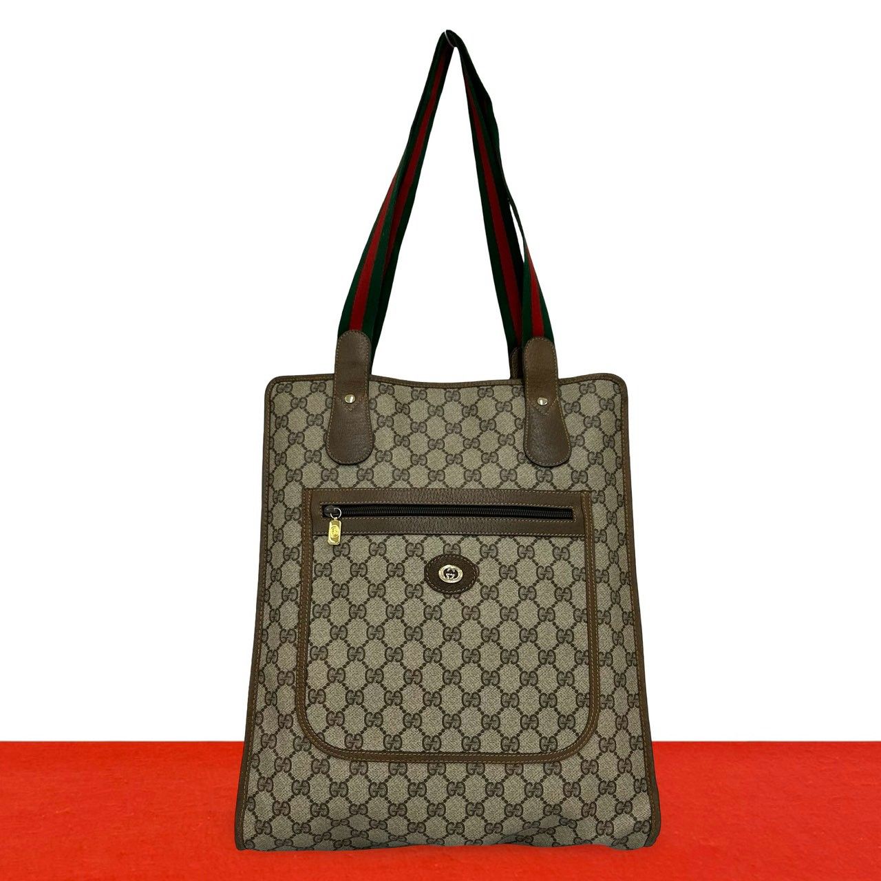 Gucci Vintage Sherry Line GG Logo Leather Tote Brown