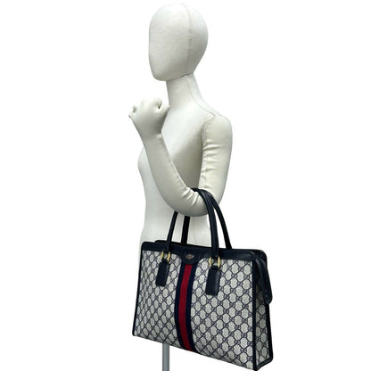 Gucci Vintage Sherry Line GG Logo Leather Handbag Business Bag Navy — view 2