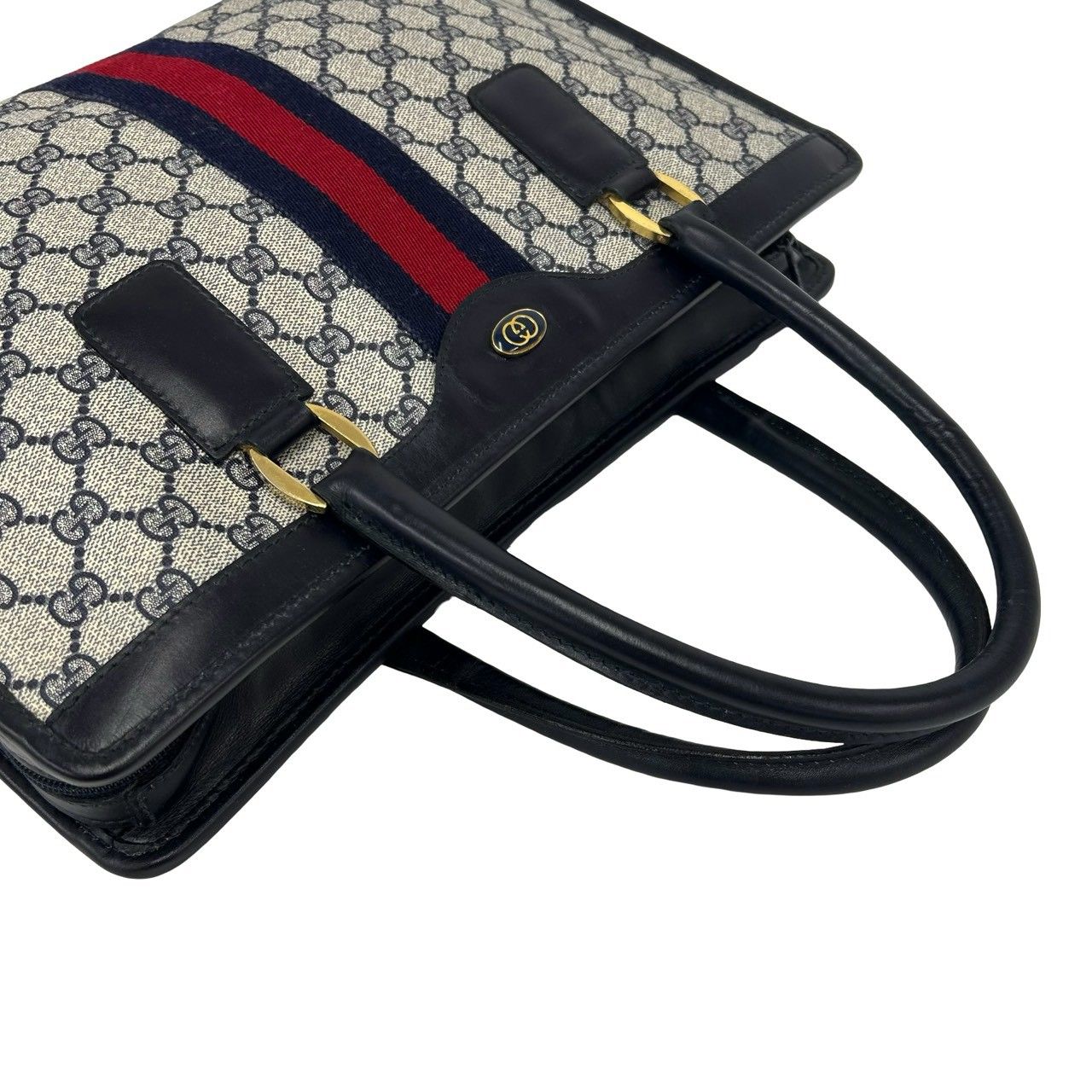 Gucci Vintage Sherry Line GG Logo Leather Handbag Business Bag Navy — view 4