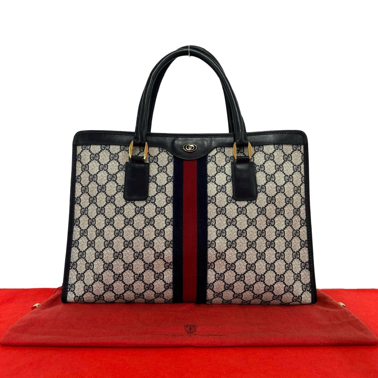 Gucci Vintage Sherry Line GG Logo Leather Handbag Business Bag Navy