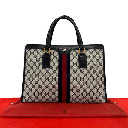 Gucci Vintage Sherry Line GG Logo Leather Handbag Business Bag Navy