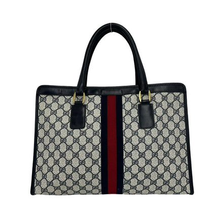 Gucci Vintage Sherry Line GG Logo Leather Handbag Business Bag Navy — view 3