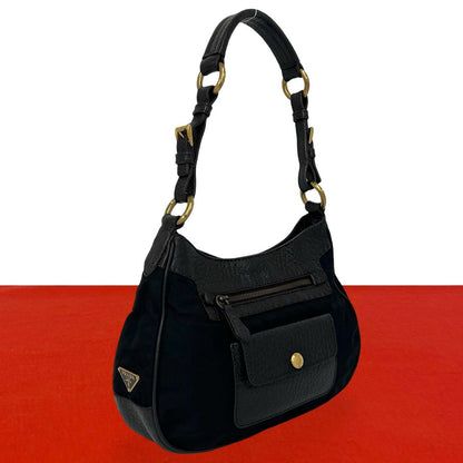 Prada Nylon Leather Shoulder Bag Tote Black Brown