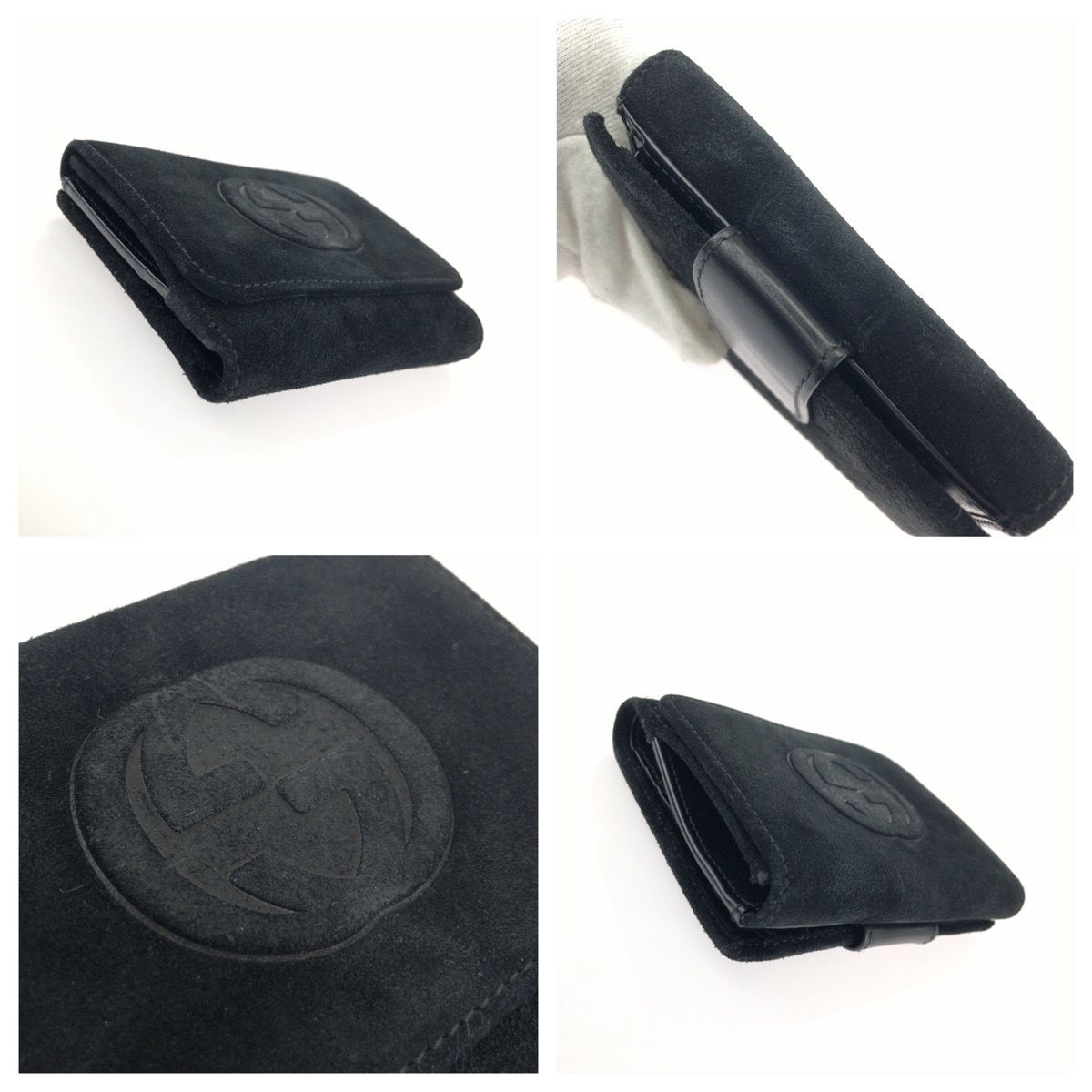 Gucci Vintage Interlocking Black Silver Suede Compact Wallet — view 6