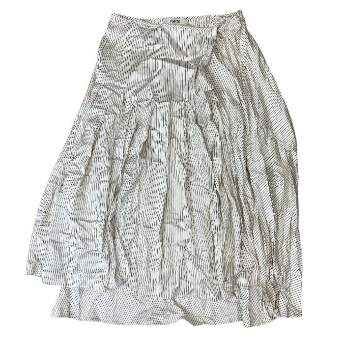 Fendi Striped Wrap Pleated Skirt Silk Beige White