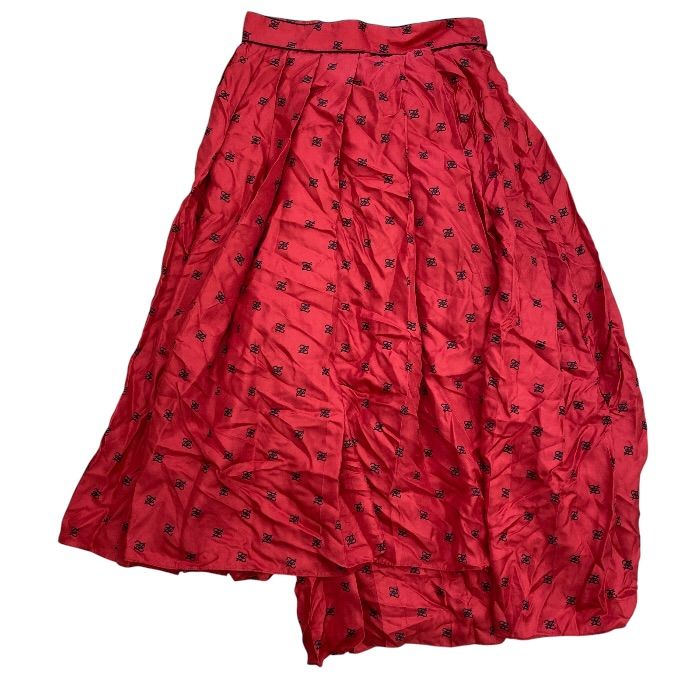 Fendi FF Monogram Logo Asymmetric Pleated Skirt Silk Red Black