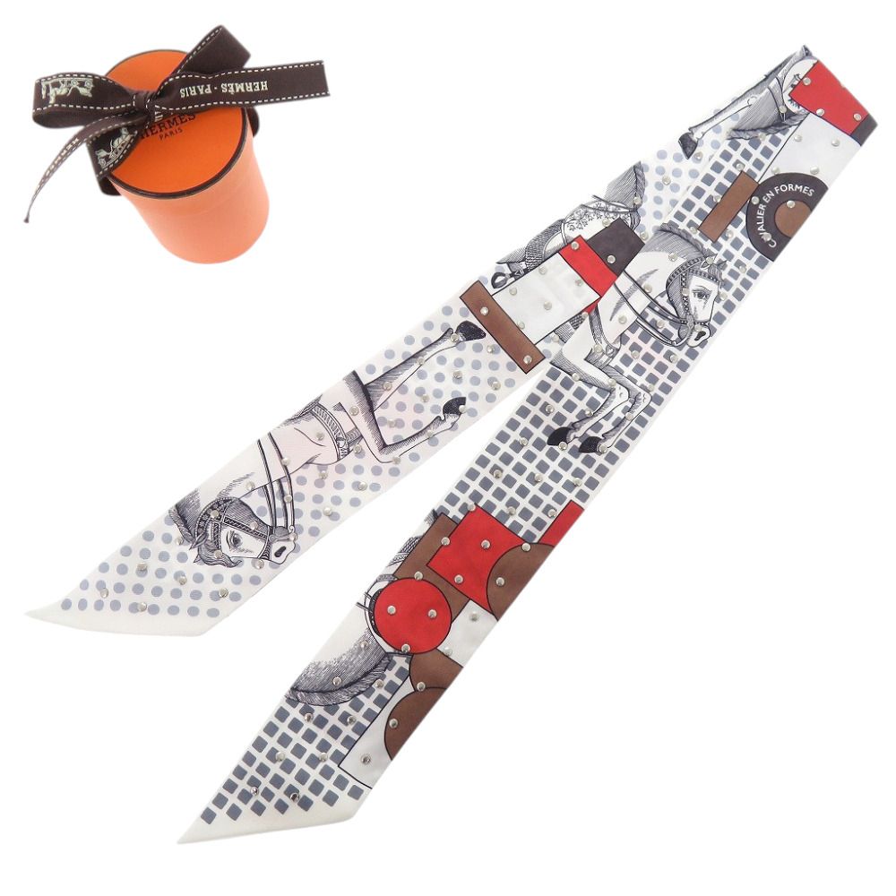 Hermes Studded Twilly Cloete Cavalier en Forme Scarf Silk Blanc