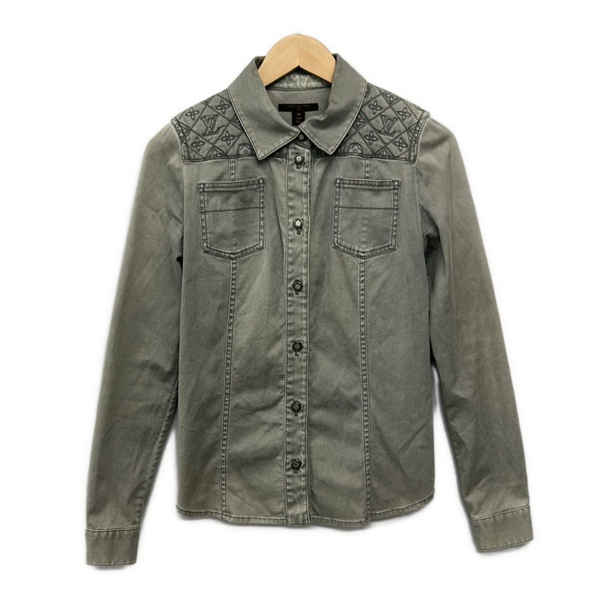 Louis Vuitton Long Sleeve Shirt Blouse Gray Denim Monogram Embroidery