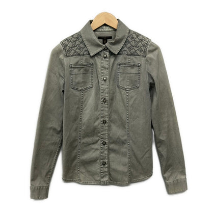 Louis Vuitton Long Sleeve Shirt Blouse Gray Denim Monogram Embroidery