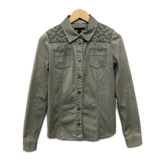 Louis Vuitton Long Sleeve Shirt Blouse Gray Denim Monogram Embroidery