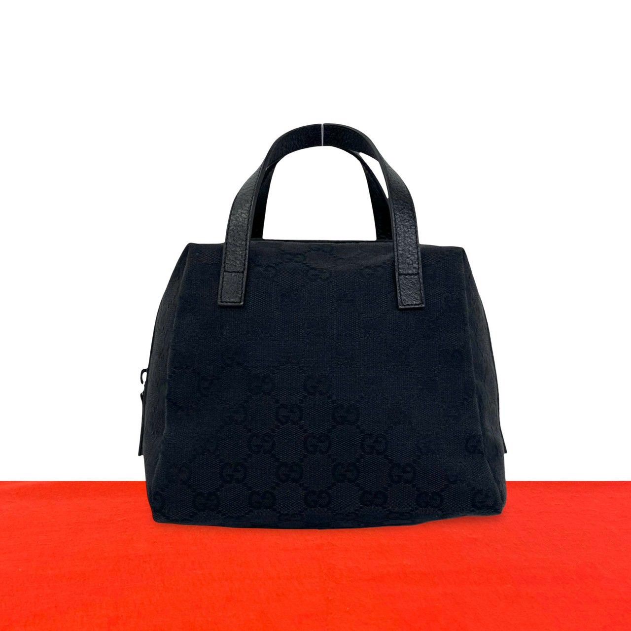 Gucci GG Canvas Handle Leather Mini Boston Bag Tote Black