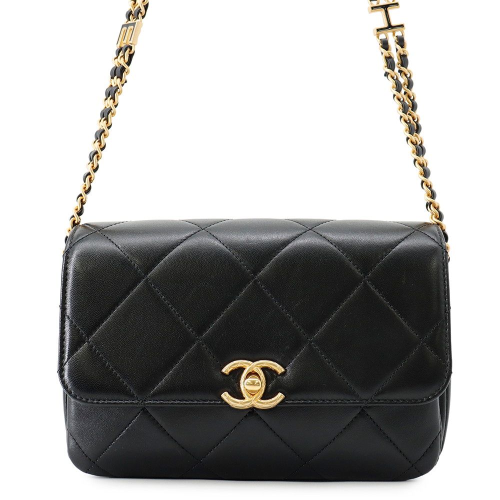 Chanel Chain Shoulder Bag Quilted Mini Flap CC Logo Lambskin Black