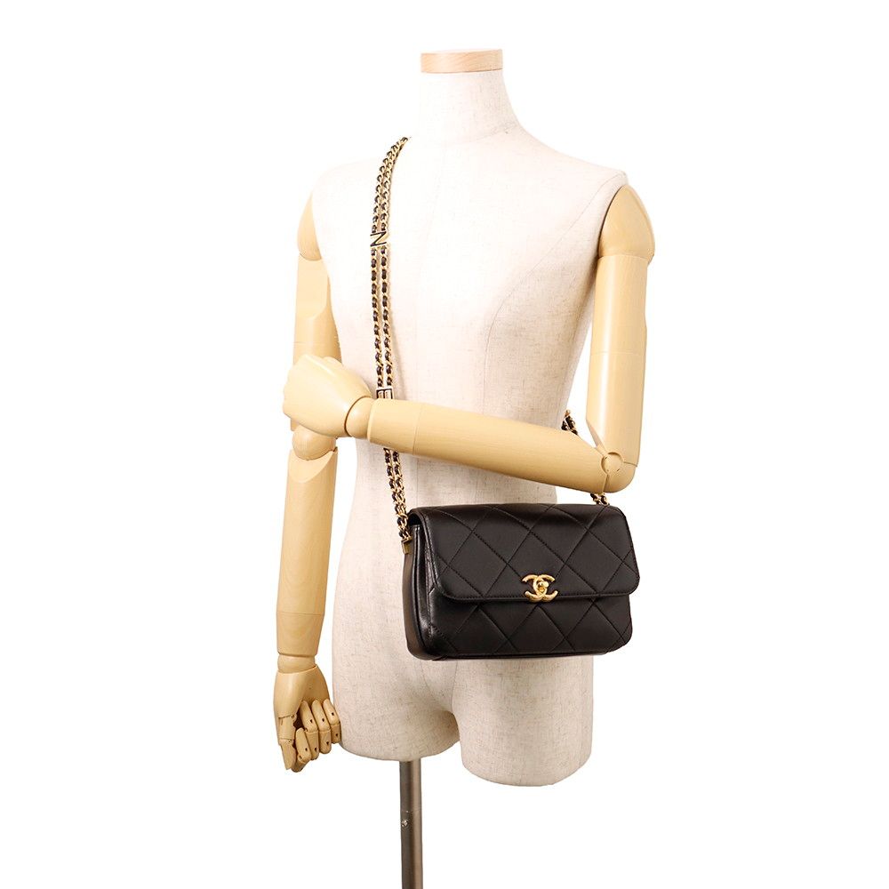 Chanel Chain Shoulder Bag Quilted Mini Flap CC Logo Lambskin Black — view 4
