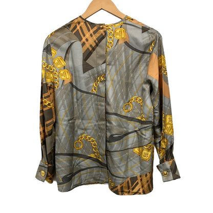 Celine Long Sleeve Top Gray Beige Dark Yellow Multi Crew Neck Silk Check — view 2