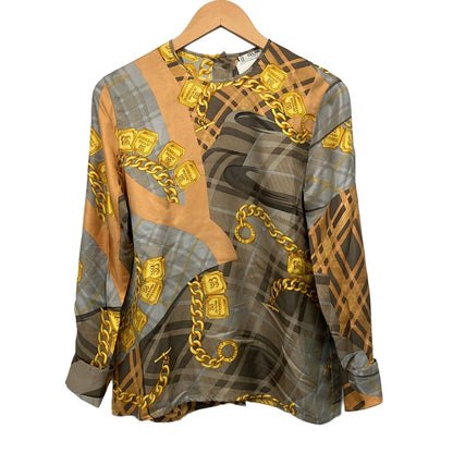 Celine Long Sleeve Top Gray Beige Dark Yellow Multi Crew Neck Silk Check