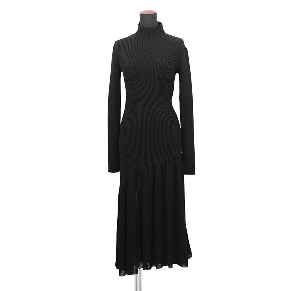 Chanel Dress Knit Long CC Logo Virgin Wool Sleeve Black