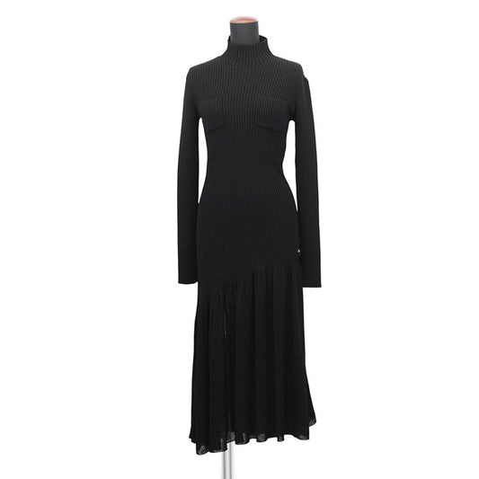 Chanel Dress Knit Long CC Logo Virgin Wool Sleeve Black