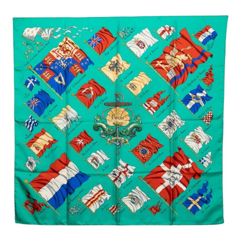 Hermes Carre 90 Pavois Flag Scarf Green Silk