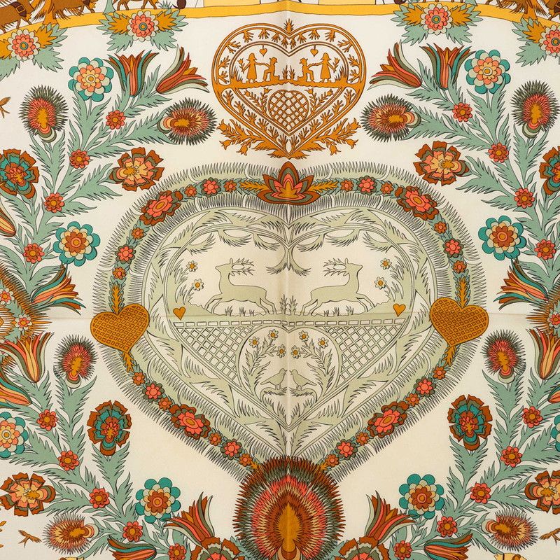 Hermes Carre 90 Decoupages Paper Cutting Scarf Khaki Green Multicolor Silk — view 2
