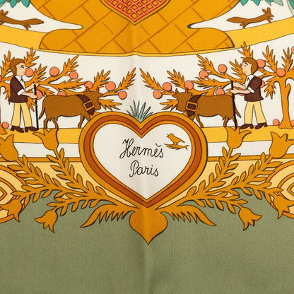 Hermes Carre 90 Decoupages Paper Cutting Scarf Khaki Green Multicolor Silk — view 6
