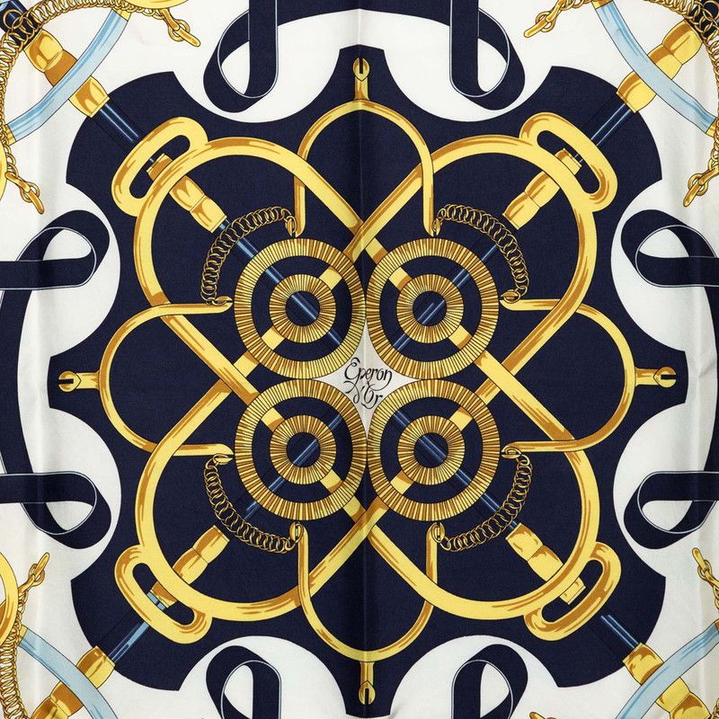 Hermes Carre 90 Yellow Gold Beat Eperon D'or Scarf Navy White Silk — view 2