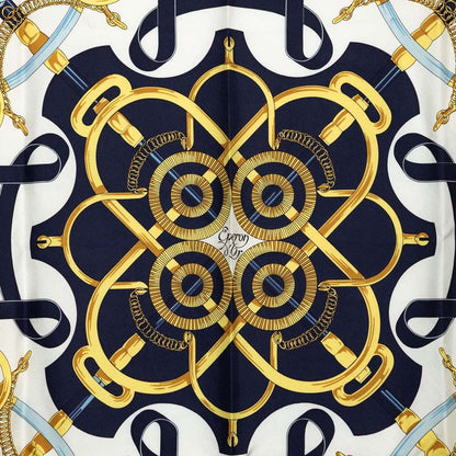 Hermes Carre 90 Yellow Gold Beat Eperon D'or Scarf Navy White Silk — view 2