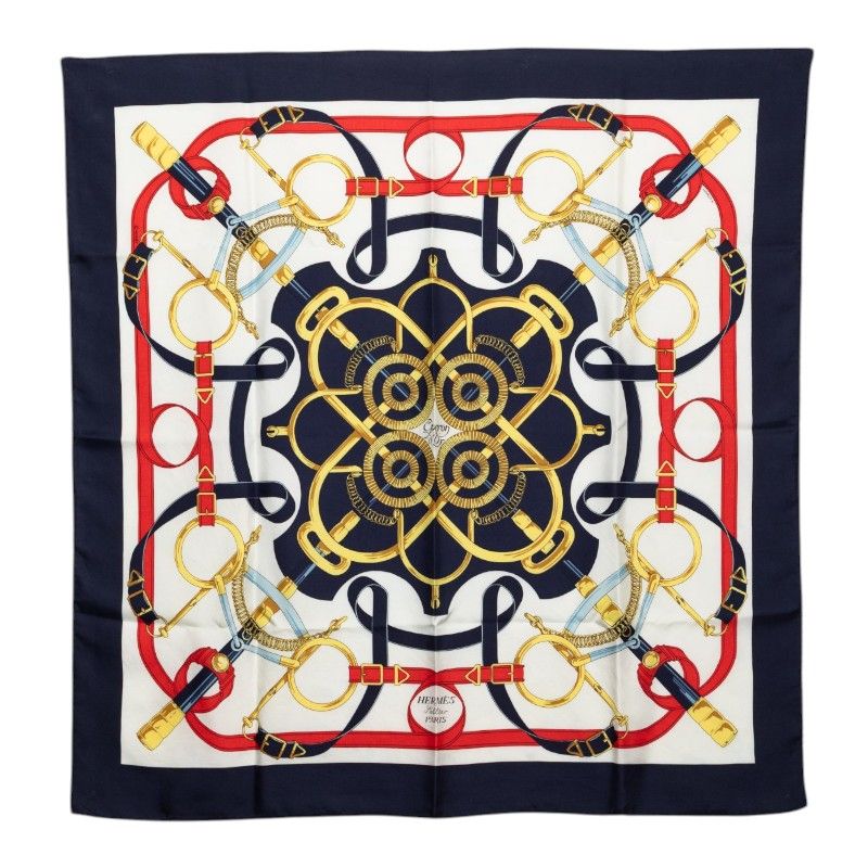 Hermes Carre 90 Yellow Gold Beat Eperon D'or Scarf Navy White Silk